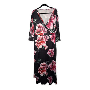 Women’s Wrap Dress Black Pink Red Floral Print Cotton Blend Size 3XL